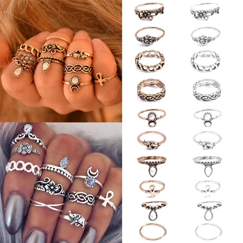 Vintage Ethnic Style Exaggerated Carved Water Drop Stone Moon Elephant Combination Ten Sets Of Fashion Twist Flower Ring