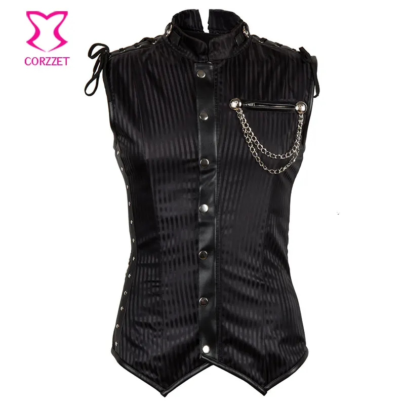 Black Striped Collar Long Sleeveless Vest Vintage Coats Corset Jacket Steampunk Waistcoat Mens Gothic Clothing Plus Size 6XL