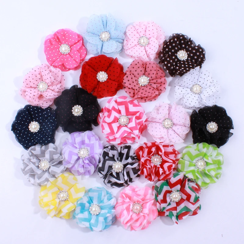 

10PCS 5CM Fashion Dot Chiffon Fabric Flowers For Head Wear Plaid Flower For Dress Headbands U Pick Color