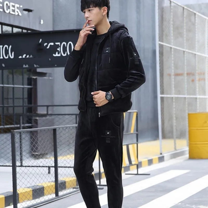 Winter Mens 3pcs Velvet Tracksuit Hoddie Vest Coat Sweatshirt Pants Suits Casual Joggers Fitness Sets Fashion Warm Track Suit