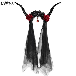 Halloween Antler Headband Party Photography headdress with roses & Veil Elegant Crystal Pendant Evil Horns Gothic Steam Punk