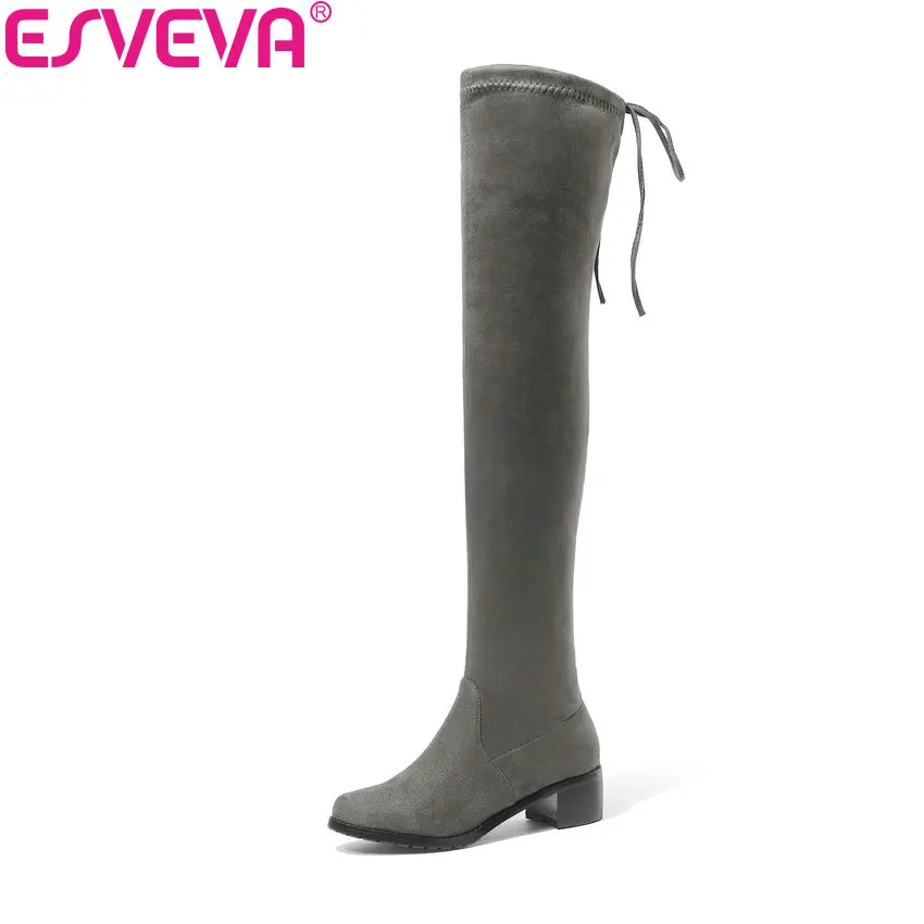 

ESVEVA 2020 Women Boots Shoes Lace Up Sexy Boots Over The Knee Boots Shoes Med Heels Fashion Square Toe Winter Boots Size 34-43