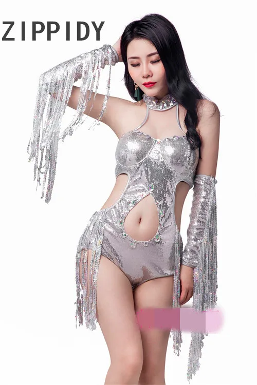 Silver Bright Sequins Tassel Rhinestones Hollow Bodysuit ผู้หญิงชุด Ds ไนท์คลับ Dj Bar นักร้องหญิง Stage เครื่องแต่งกาย