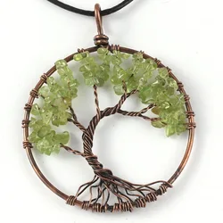 Handmade Tree Of Life Necklace For Women Men Natural Healing Crystal Green Olivine Quartz Peridot Stone Pendant Necklace Jewelry