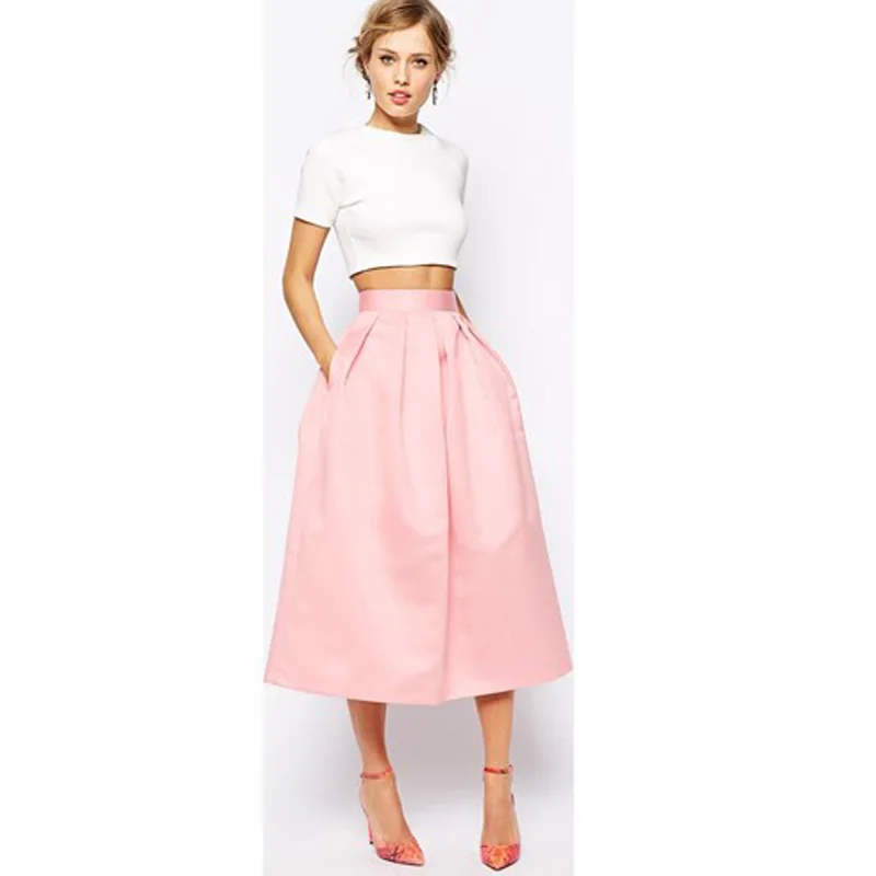 

Graceful Blush Pink Satin Skirts With Pockets A-line Chic Invisible Zipper Waist Pleated Tea Length Skirt For Women