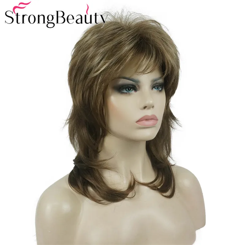 StrongBeauty-Perucas de cabelo ondulado médio longo sintético para mulheres, peruca natural sem tampa