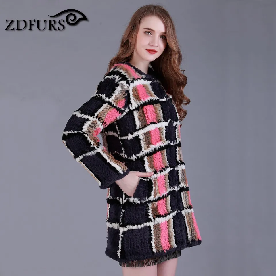 Zdfurs * 2017 novo real feito à mão malha rex coelho casaco de pele inverno outerwear estilo longo grid casaco de pele ZDKR-165021