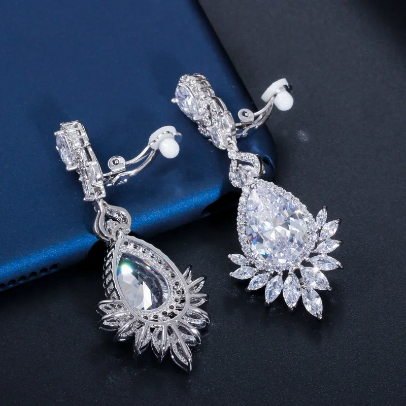 CWWZircons No Hole Piercing Ear Jewelry Cubic Zirconia Crystal Bridal Long Luxury Wedding Clip on Earrings Non Pierced CZ409