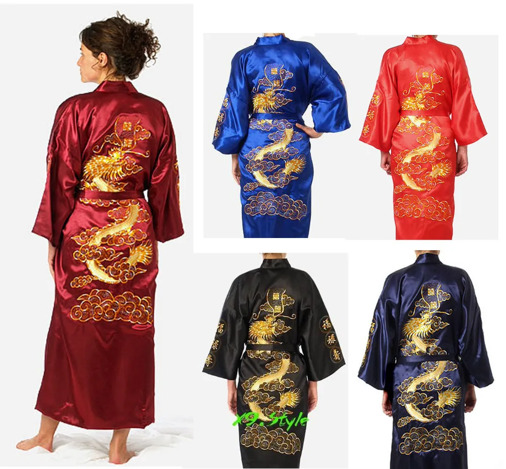 Women Fashion Robe Chinese Kimono Embroider Dragon Kimono Robe Gown With Belt Robe Bath