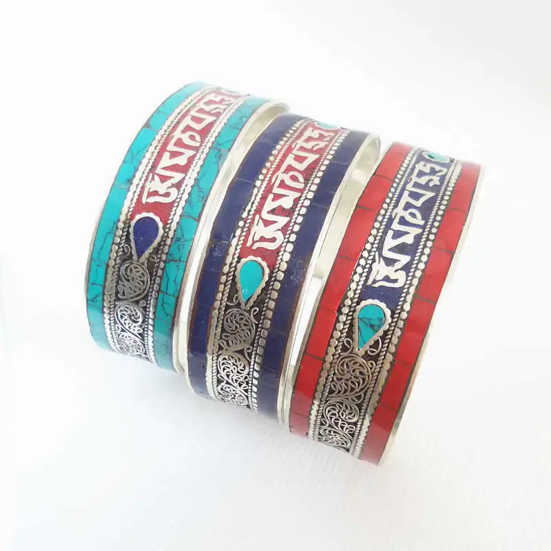 Tibetan Six Words Mantras Amulet Bangles Copper Inlay Colorful Stone Open Cuff Multi Colors BB-135