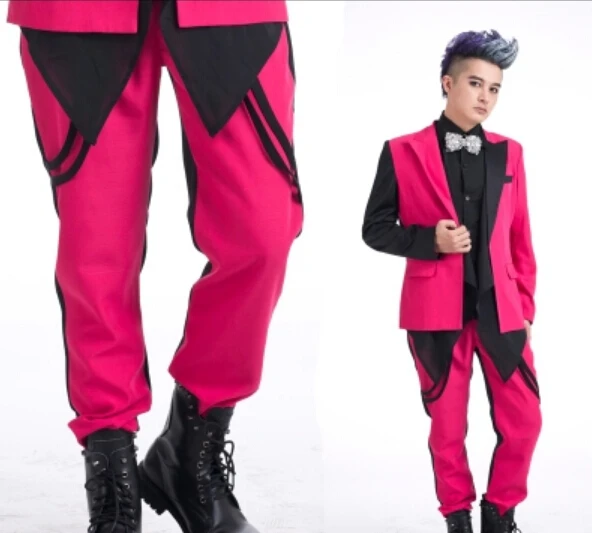 

New style fashion pink color trend men's pants personality colorant match pink slim skinny trousers singer dancing costumes