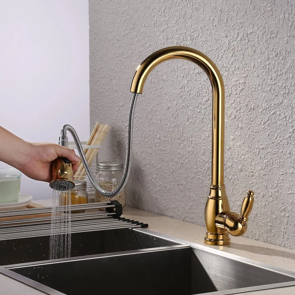 Luxury Titanium Gold Solid brass Kitchen Faucet Gold Bar Sink Hot cold Water Mixer Kitchen Tap One Hole High Quality