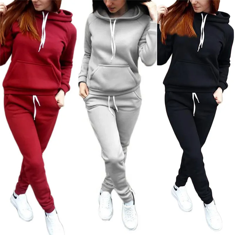 2020 Autumn Winter Two-piece Tracksuit Jogging Suits For Women Sport Suits Black Gray Hooded Running Set Sweat Pants Jogging Set