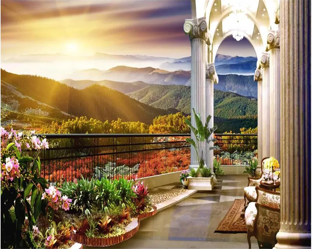 beibehang Custom wallpaper 3d photo mural villa window balcony sunrise natural landscape background wallpaper 3d papel de parede