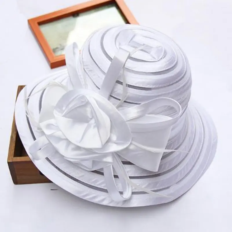 New Fashion Women Summer Organza Sun Hats Wide Brim With Big Flower Fedora Hat Elegant Ladies Wedding Church Party Hat