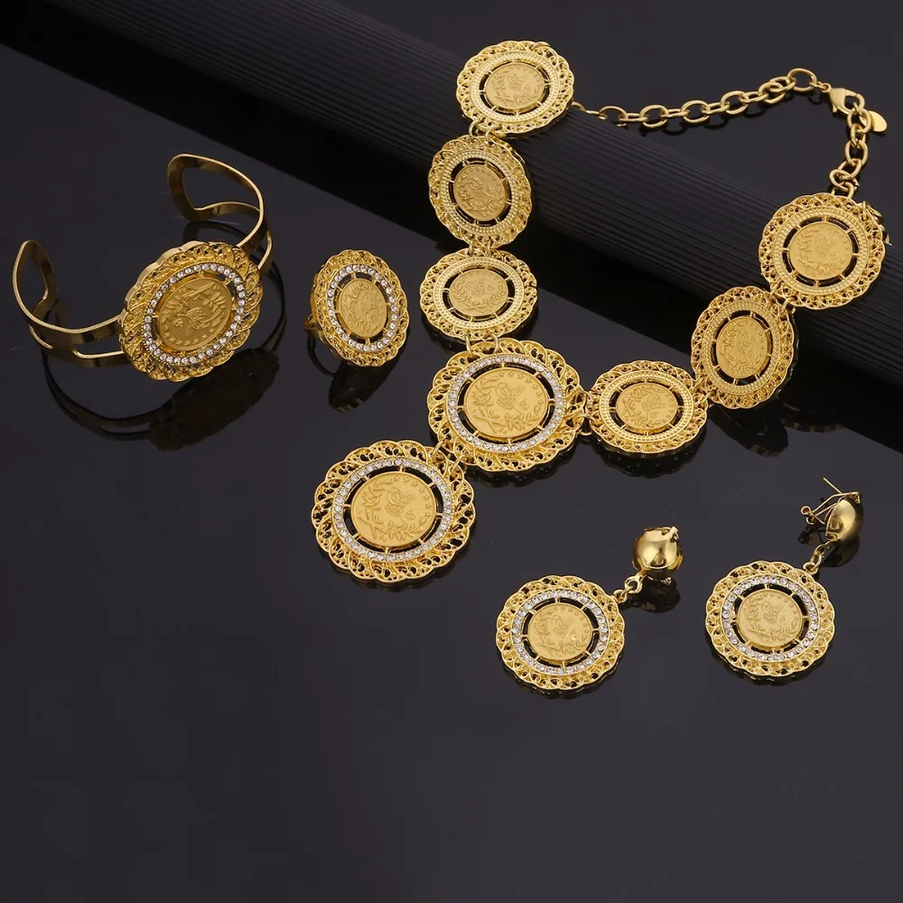 Necklace Earrings Ring Bangle Big Coin Jewelry Sets Gold Color Turkey Coins Arab Gifts Turks Africa Party
