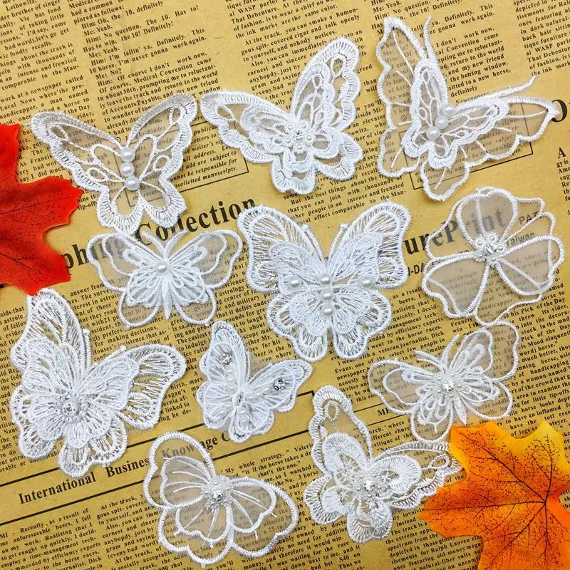 10/20pcs Organza Rhinestone Butterfly Embroidered Pearl Lace Trim Flower Applique Trimmings Ribbon Fabric Wedding Dress Sewing