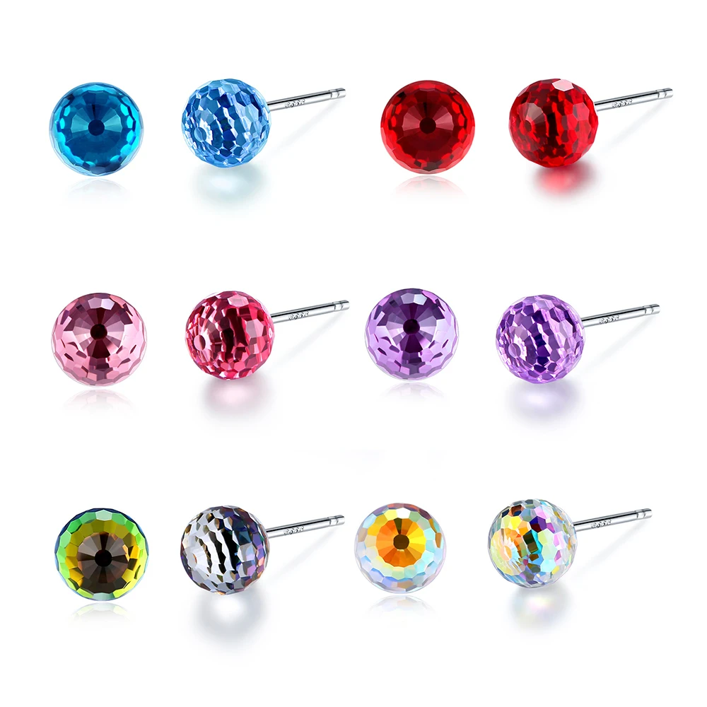 Real 925 Silver Ball Stud Earrings Disco Fancy Stone Original Crystals From Austria Piercing For Women Party Wedding Jewelry