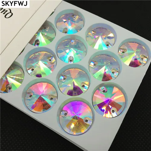 Crystal Clear AB Glass Crystal Rivoli Sew on Rhinestones Flatback 2 holes Round Sewing dress Stone 8mm 10mm 12mm 14mm 16mm 18mm