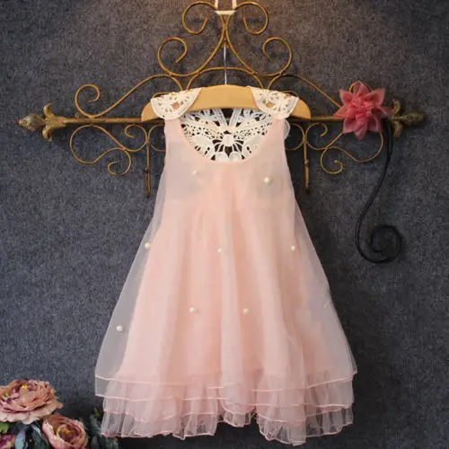 Toddler Baby Girls Infantil Cute Party Dress Pearl Lace Tulle Gown Fancy Sleeveless Tutu Dress Sundress