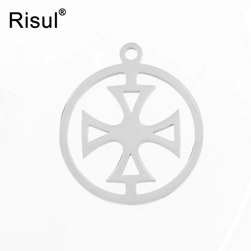 Risul Iron Cross Charm necklace round pendant with 50cm ball chain Mirror polish Stainless steel wholesale 50pcs