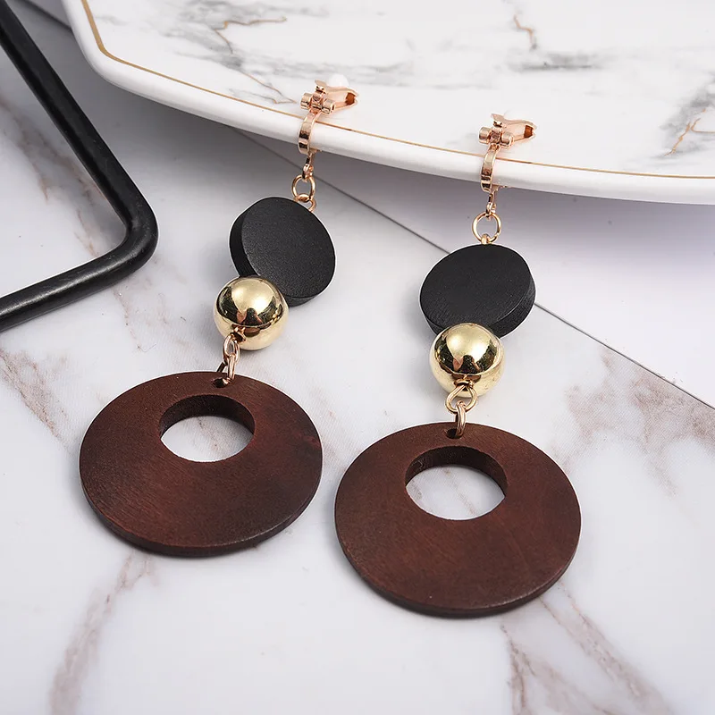 Natural Wood Clip on Earrings for No Pierced Hole Ear for Women Fashion Statement Geometric Earring Korean Girls Jewelry Gift