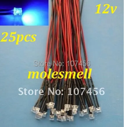 

Free shipping 25pcs Flat Top Blue LED Lamp Light Set Pre-Wired 5mm 12V DC Wired 5mm 12v big/wide angle blue led