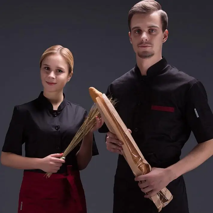 Jaqueta Chef manga curta para homens e mulheres, uniforme cozinheiro, camisa de restaurante, tops pretos, verão