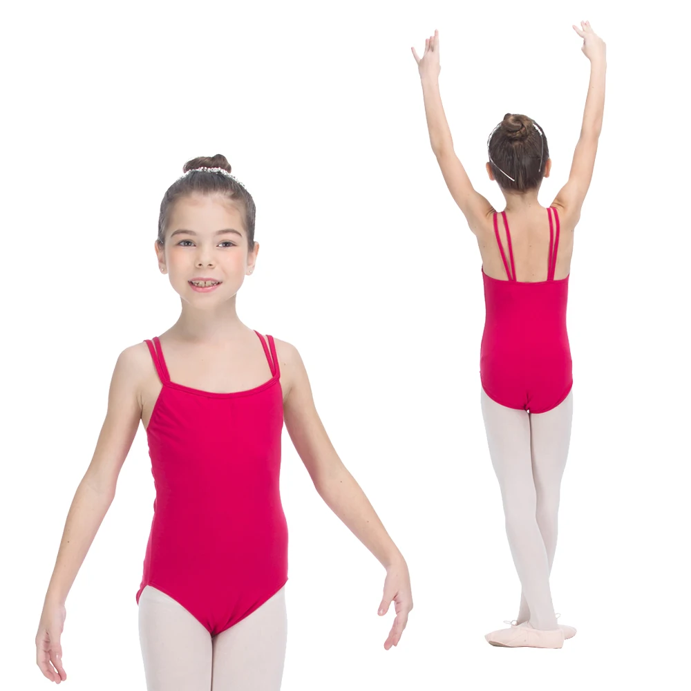 Leotardos camisola de tirantes dobles con cordón frontal, algodón rosa profundo/Lycra, body básico de práctica para niñas