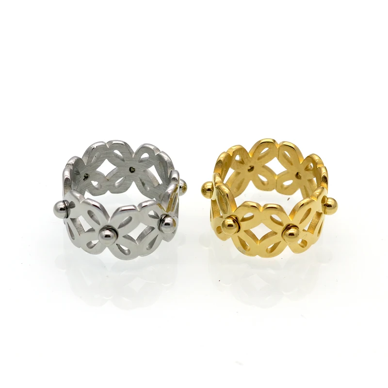 Mopera Brand New Stainless Steel Hollow Flower Geometric Rings For Women Gold Color 11mm Wide Female Ring Trendy Jewelry