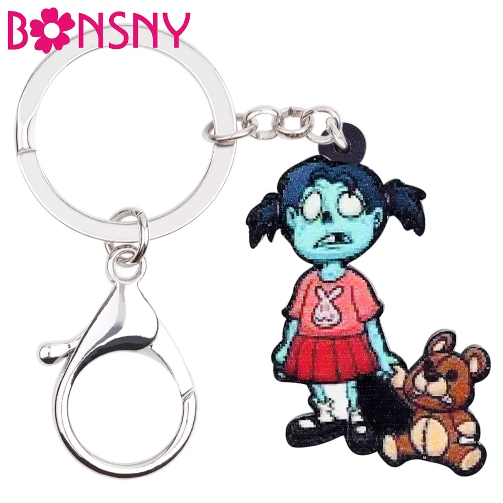 Bonsny Acrylic Halloween Little Zombie Girl Key Chains Keychain Ring Holder Cartoon Jewelry For Women Teens Bag Car Charms Party