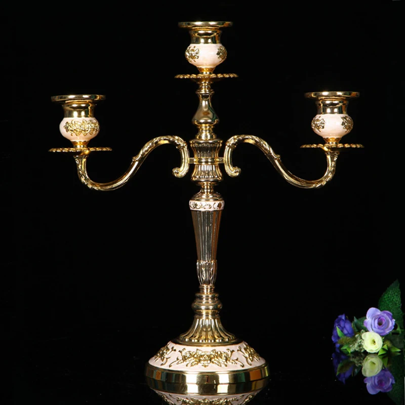 PEANDIM European Style Hotel Suppliers Golden Candlestick Candelabr Small Candlestick 3-arms Golden Plated Metal Candle Holders