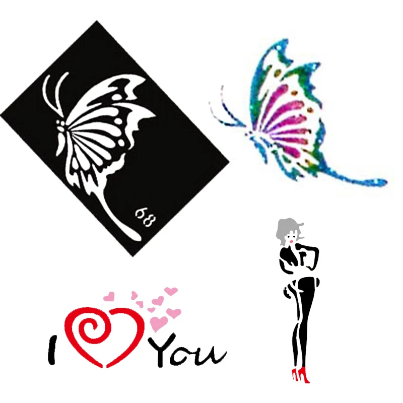 12pcs/2sheets Air Brush Glitter Tattoo Stencil Angel Heart Flower Butterfly Cute Templates,Woman Female Airbrush Tattoo Stencils