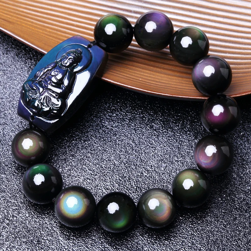 

Top Grade Natural Obsidian Beads Bracelet Colorful Eyes Obsidian Beaded Bracelet Buddha Statue Amule Bracelet