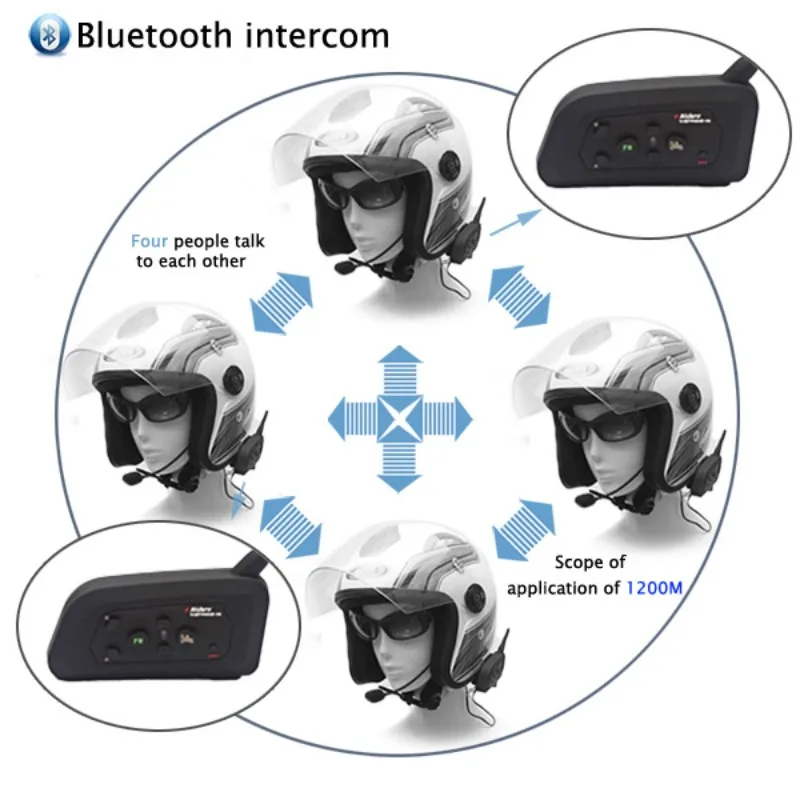 V4 PRO Motorcycle Helmet Bluetooth Intercom Headset 1200M 4 Riders Full Duplex Interphone With Fm Radio Waterproof Communicator