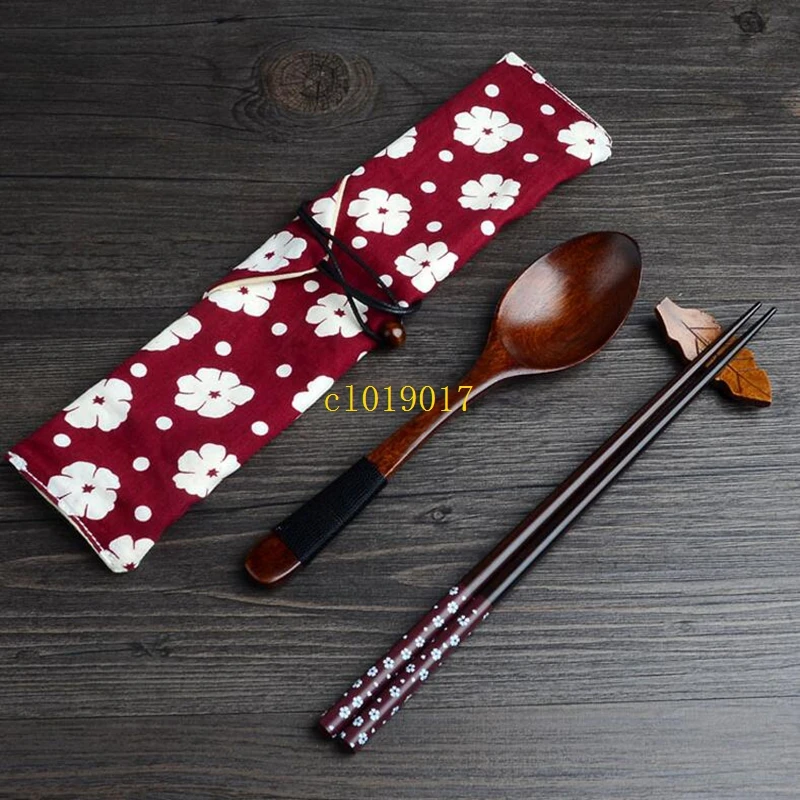 

100set/lot Japanese Natural Wooden Tableware With Cloth Packing Kit Restaurant Dining Room Dinnerware Set Christmas Gift #365