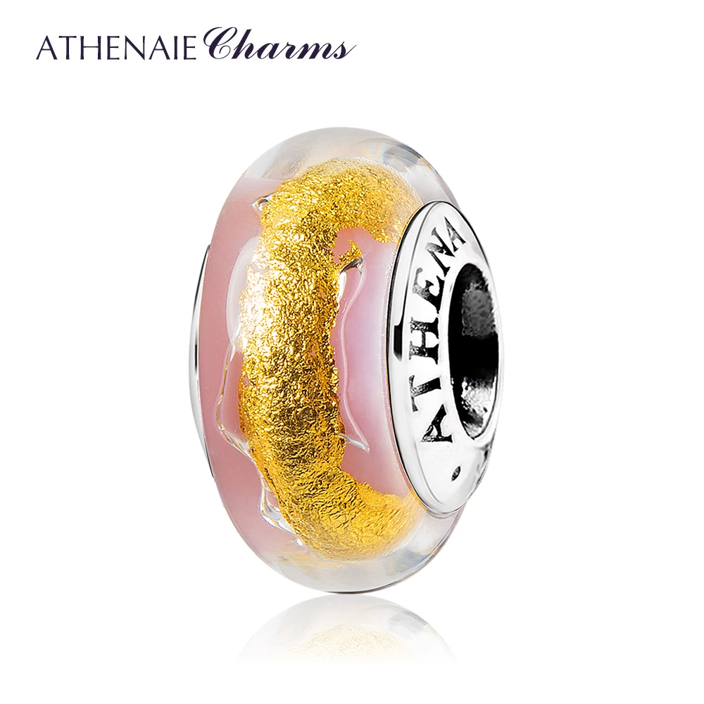 ATHENAIE 100% argento Sterling 925 Macaron lamina d\'oro rosa vetro di Murano perline misura Charms braccialetto gioielli fai da te regalo per la