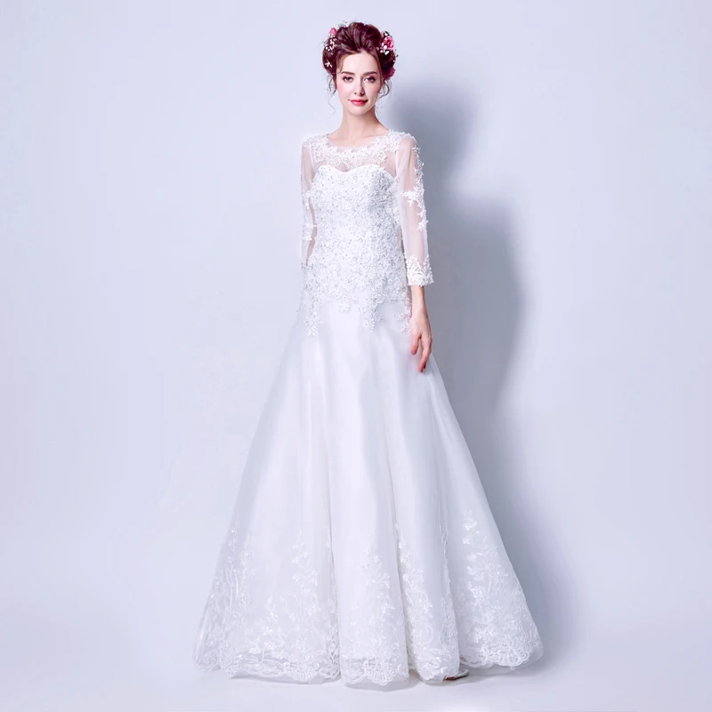 

Vintage 2019 Wedding Dresses Three Quarter Length Sleeves A-line Bridal Gowns Floor Length Appliques Beaded Bridal Dresses