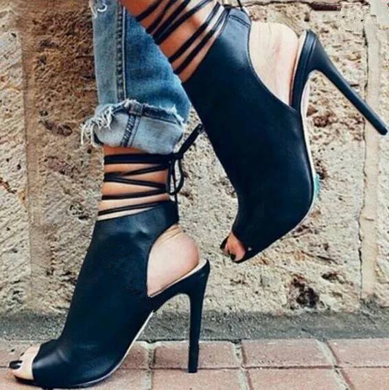 

Black straps ankle wrap sandals peep toe stiletto heels slingbacks cross-tied ankle boots spring autumn high heels booties