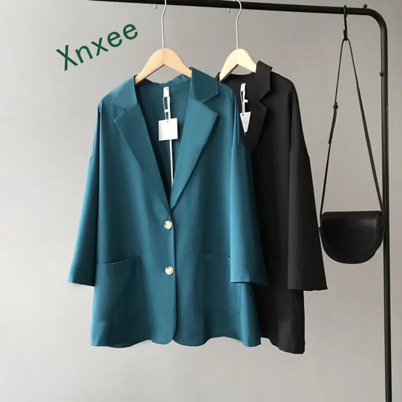 

Xnxee Women Blazer Long Sleeve Green Black Suit Coat Retro Classic Jackets Chic Turn-down Collar Tops OL Basic Plain Blouse