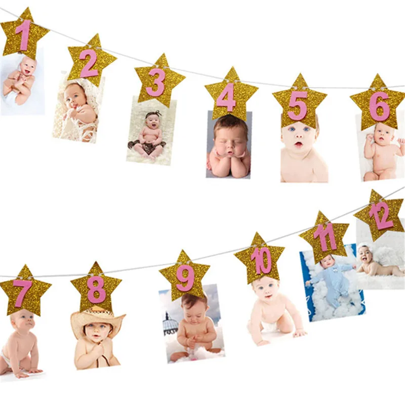 12 Months Photo Frame Banner First Happy Birthday Party Decorations Kids 1st Baby Boy Girl 1 One Year Birthday Supplies