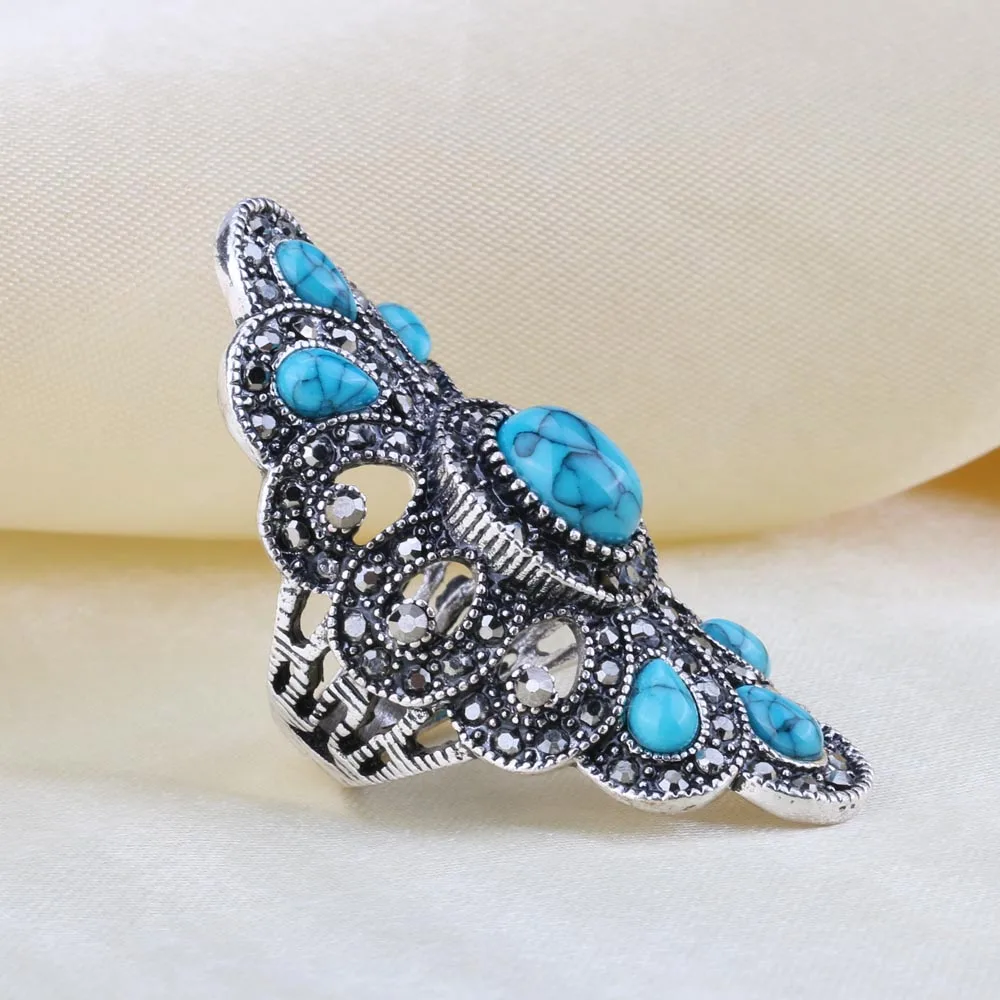 Fashion Ethnic Peacock Big Rings For Women Vintage Blue Stone Black Crystal Silver Color Ring Statement Bohemian Jewelry 2018