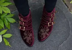 Newest Burgundy Velvet Women Ankle Boots Fashion Studded Flowers Ladies Buckle Boots Sexy Point Toe Female Knight Boots Med Heel