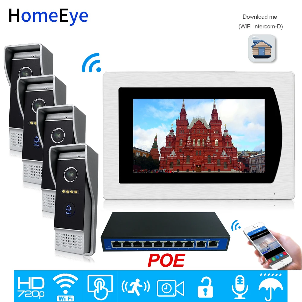 

SIP Video Door Phone Wifi Video Intercom Smart Phone App Unlock 4 Doors Home Access Control System Motion Detection Touch Screen