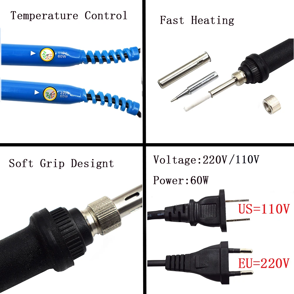 Chanseon New EU/US 60W Adjustable Temperature Electrical Soldering Iron Kit Welding Repair Hand Tool Set with Welding Tools