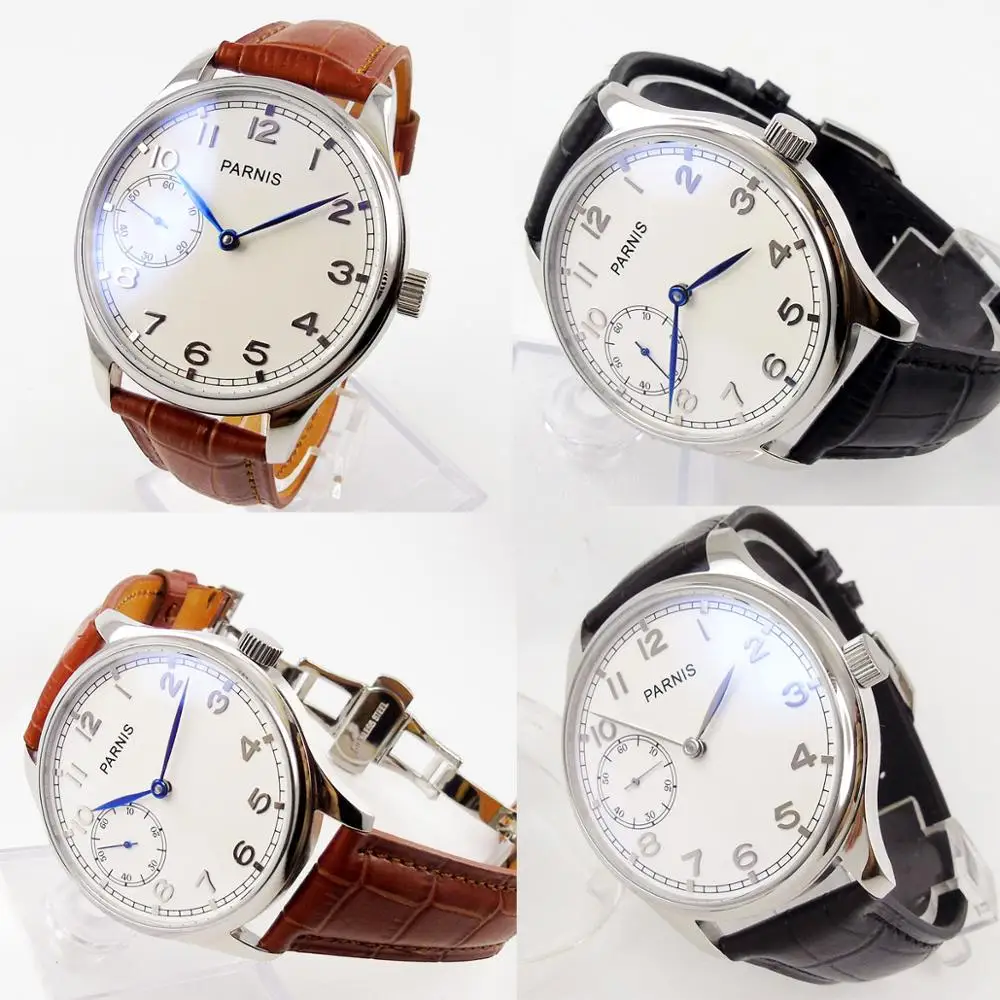 

4 Models PARNIS 44mm Mechanical Hand Winding Men's Watch White Dial 6497 Movement Leather Strap