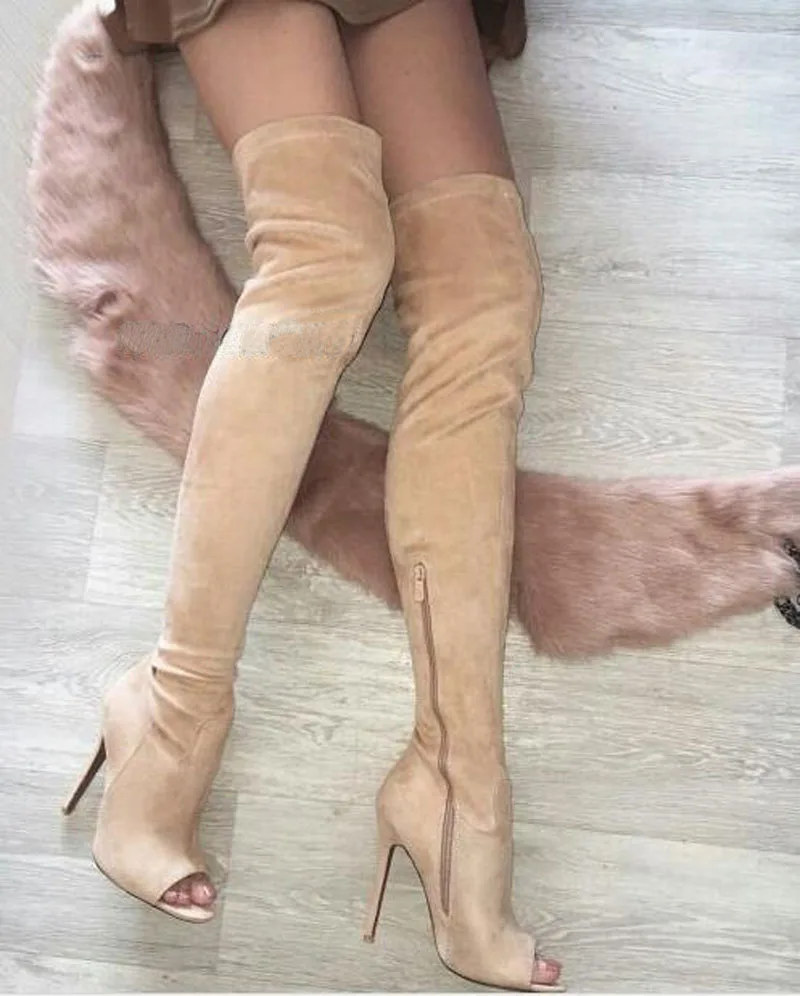 

Women New Fashion Open Toe Beige Suede Leather Over Knee High Heel Boots Sexy Thigh High Long Gladiator Boots Real Pictures