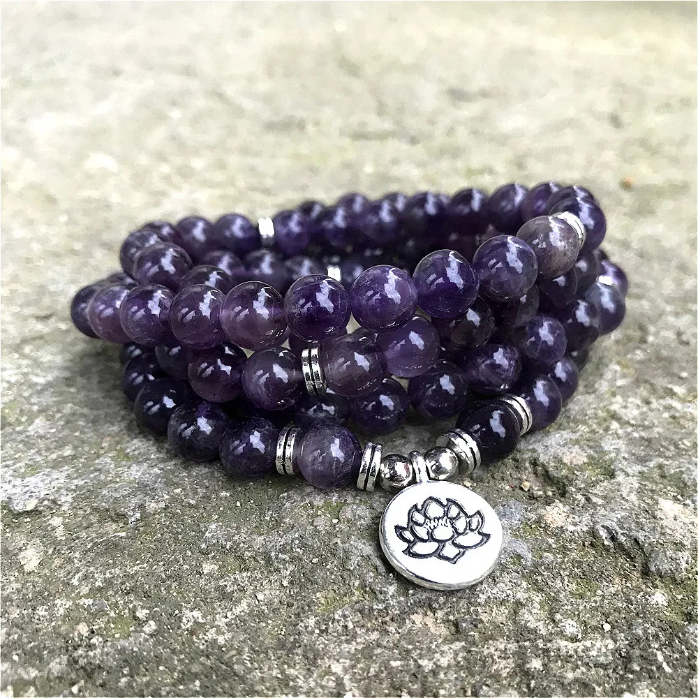 8mm Natural Beads Amethysts 108 Mala Bracelet or Necklace OM Lotus Charm Yoga Bracelet Handmade Jewelry Purple