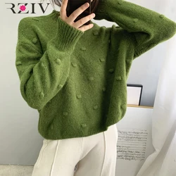 RZIV Autumn women sweater casual solid color knitted sweater round neck long-sleeved sweater crochet design