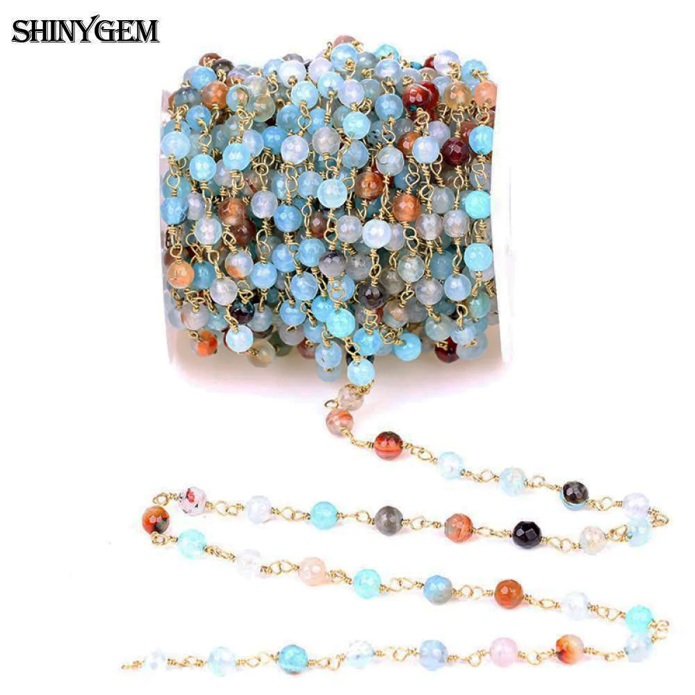 ShinyGem 6mm Round Ball Bead Chain For Jewelry Making Natural Crystal/Agate/Jade Gold Plated Rhinestone Rosary Bead Chain 5M/Lot